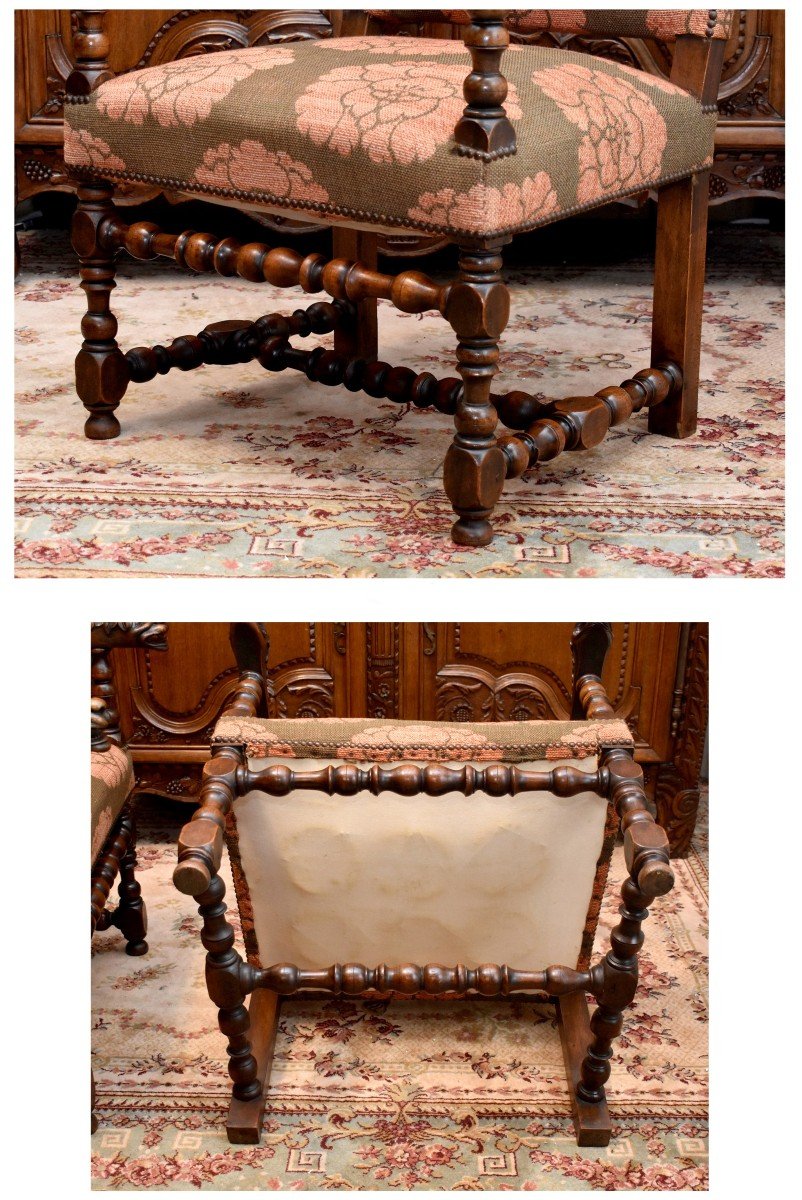 Paire De Grands Fauteuils De Style Louis XIII - Louis XIV à  Dossier Plat, Pieds Balustre, XIXe-photo-7