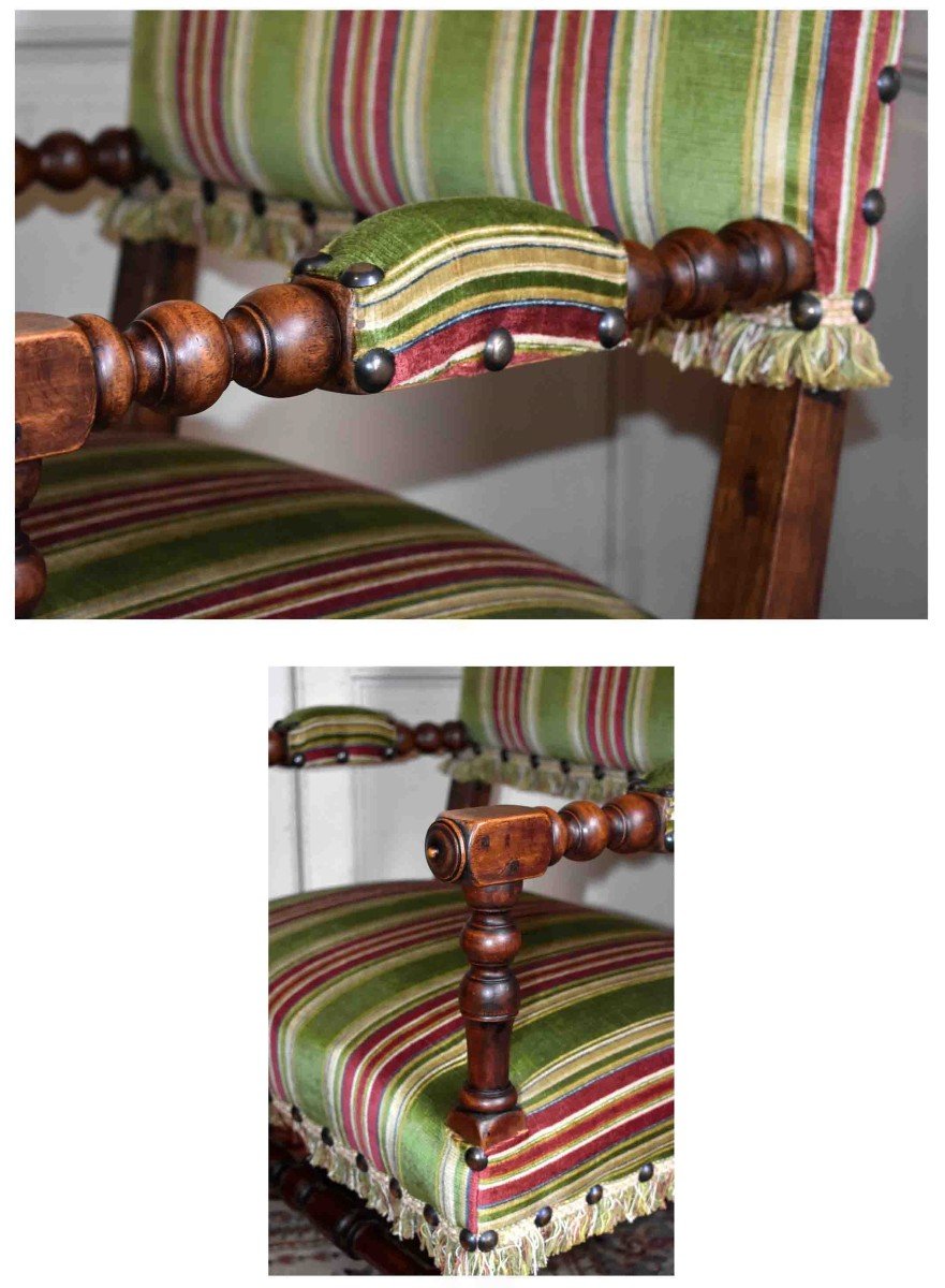 Paire De Chaises à Bras , Fauteuils De Style Louis XIII. Noyer, Pieds Balustre         -photo-7