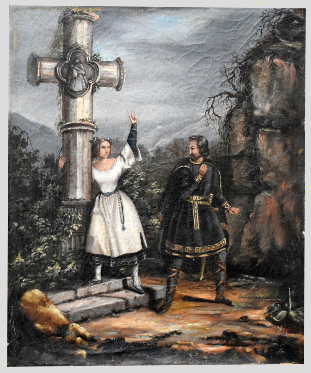 Painting Alice And Bertram In Front Of A Calvary Cross, Scene From The Opera Robert Le Diable