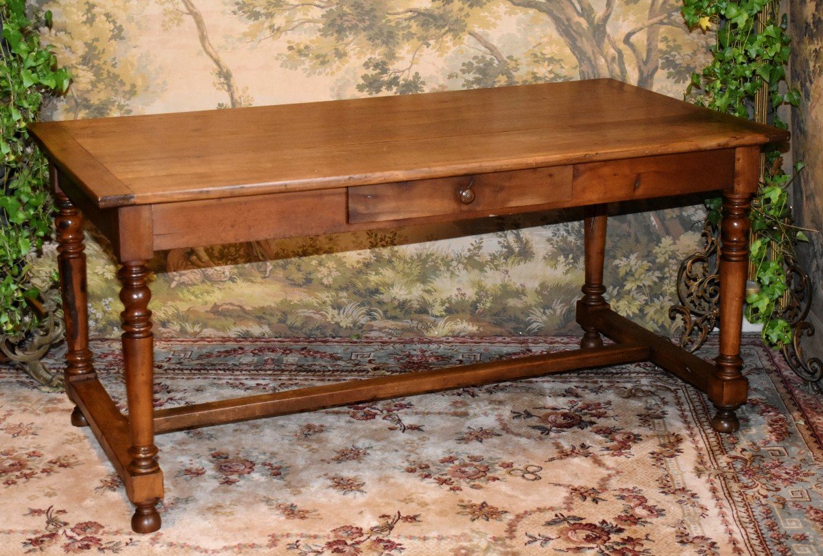 Solid Cherry Wood 1 Drawer Farmhouse Dining Or Office Table, Turned Legs -photo-2