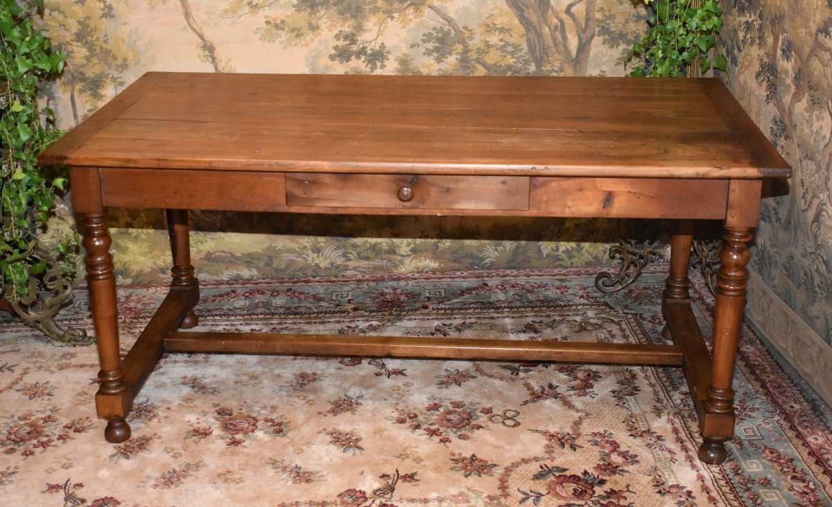 Solid Cherry Wood 1 Drawer Farmhouse Dining Or Office Table, Turned Legs -photo-3