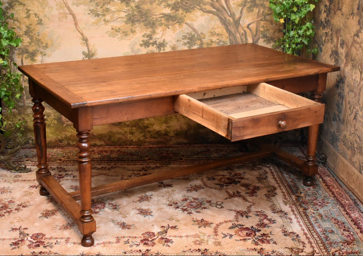 Solid Cherry Wood 1 Drawer Farmhouse Dining Or Office Table, Turned Legs -photo-1