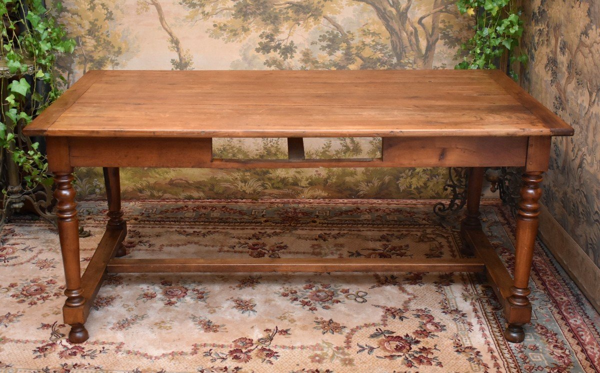 Solid Cherry Wood 1 Drawer Farmhouse Dining Or Office Table, Turned Legs -photo-2