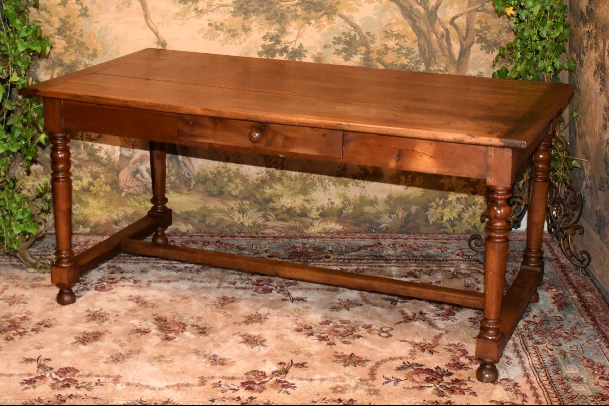 Solid Cherry Wood 1 Drawer Farmhouse Dining Or Office Table, Turned Legs 