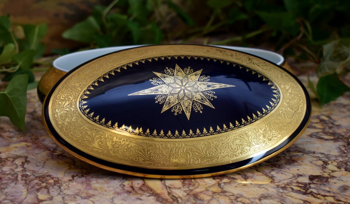 André Prevot Limoges, Porcelain Box, Blue Oven Candy Box, Double Gold Inlay-photo-4