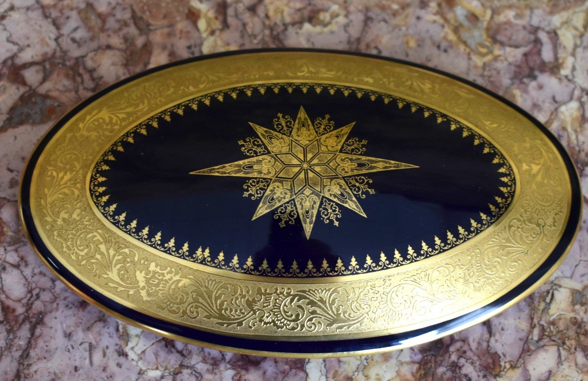 André Prevot Limoges, Porcelain Box, Blue Oven Candy Box, Double Gold Inlay-photo-5