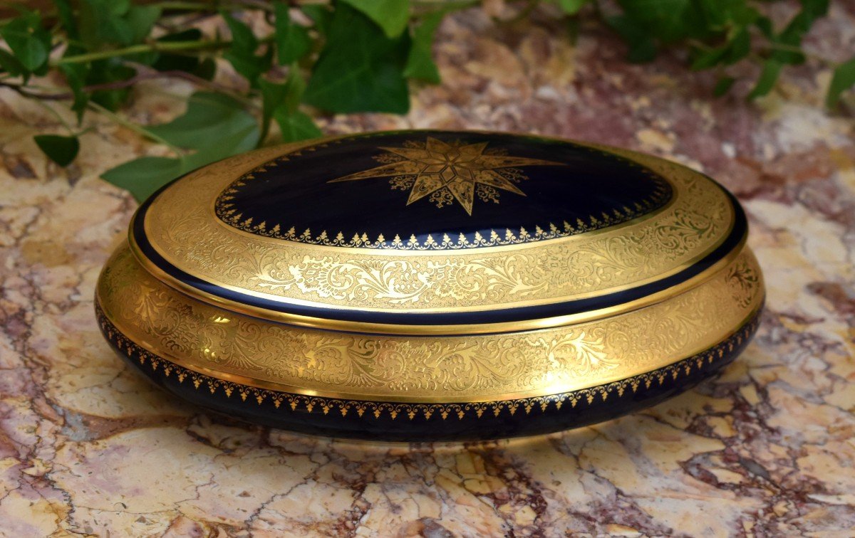 André Prevot Limoges, Porcelain Box, Blue Oven Candy Box, Double Gold Inlay