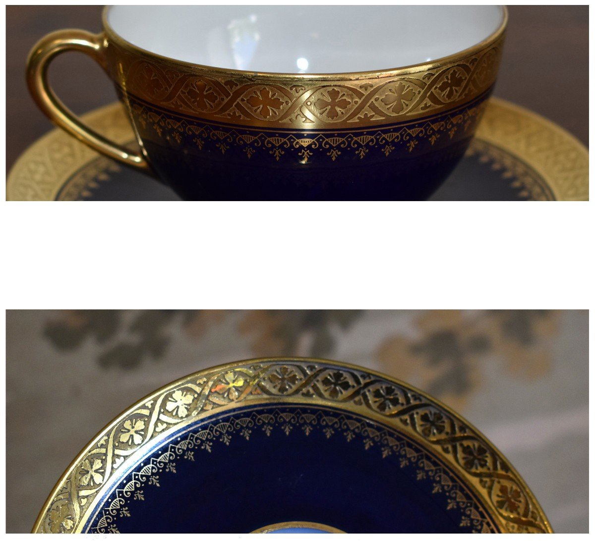 Service à Café Ou à Thé De 12 Tasses  En Porcelaine De Limoges, Bleu De Four Et Incrustation Or-photo-7