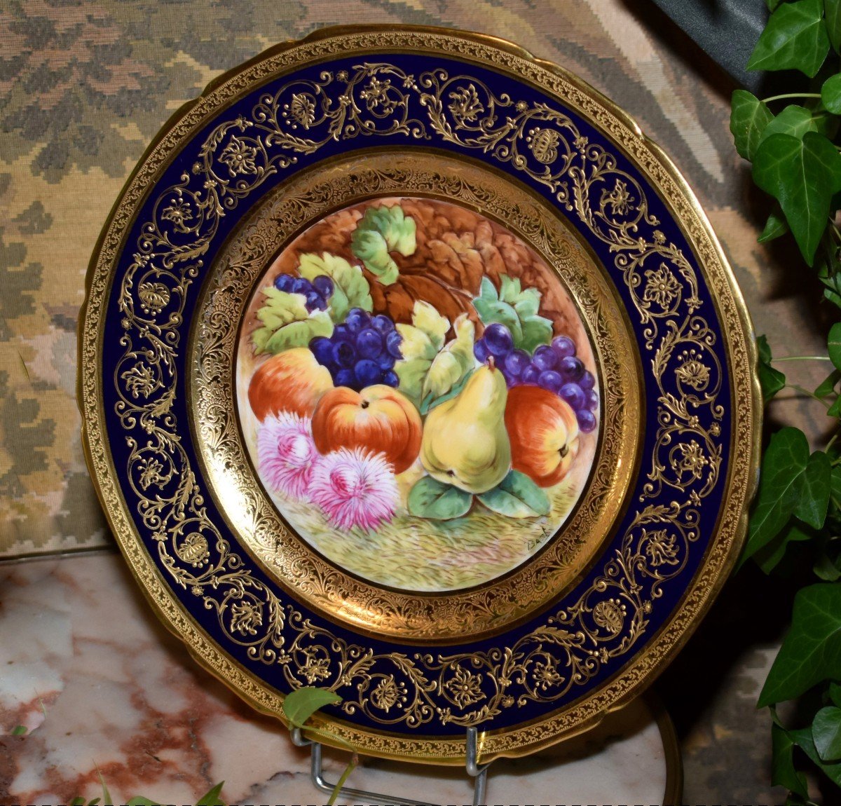 Decorative Dish, Limoges Porcelain, Oven Blue, Gold Inlay, Hand Painted Fruit Decor -photo-3