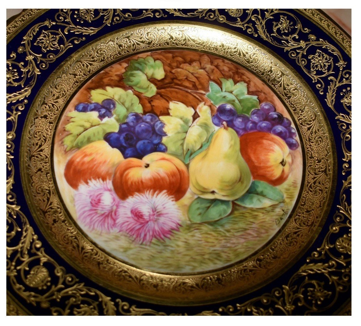 Decorative Dish, Limoges Porcelain, Oven Blue, Gold Inlay, Hand Painted Fruit Decor -photo-4