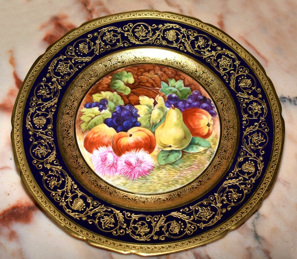 Decorative Dish, Limoges Porcelain, Oven Blue, Gold Inlay, Hand Painted Fruit Decor -photo-2