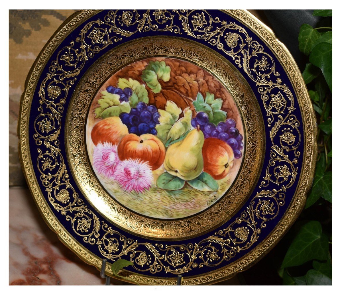 Decorative Dish, Limoges Porcelain, Oven Blue, Gold Inlay, Hand Painted Fruit Decor -photo-1