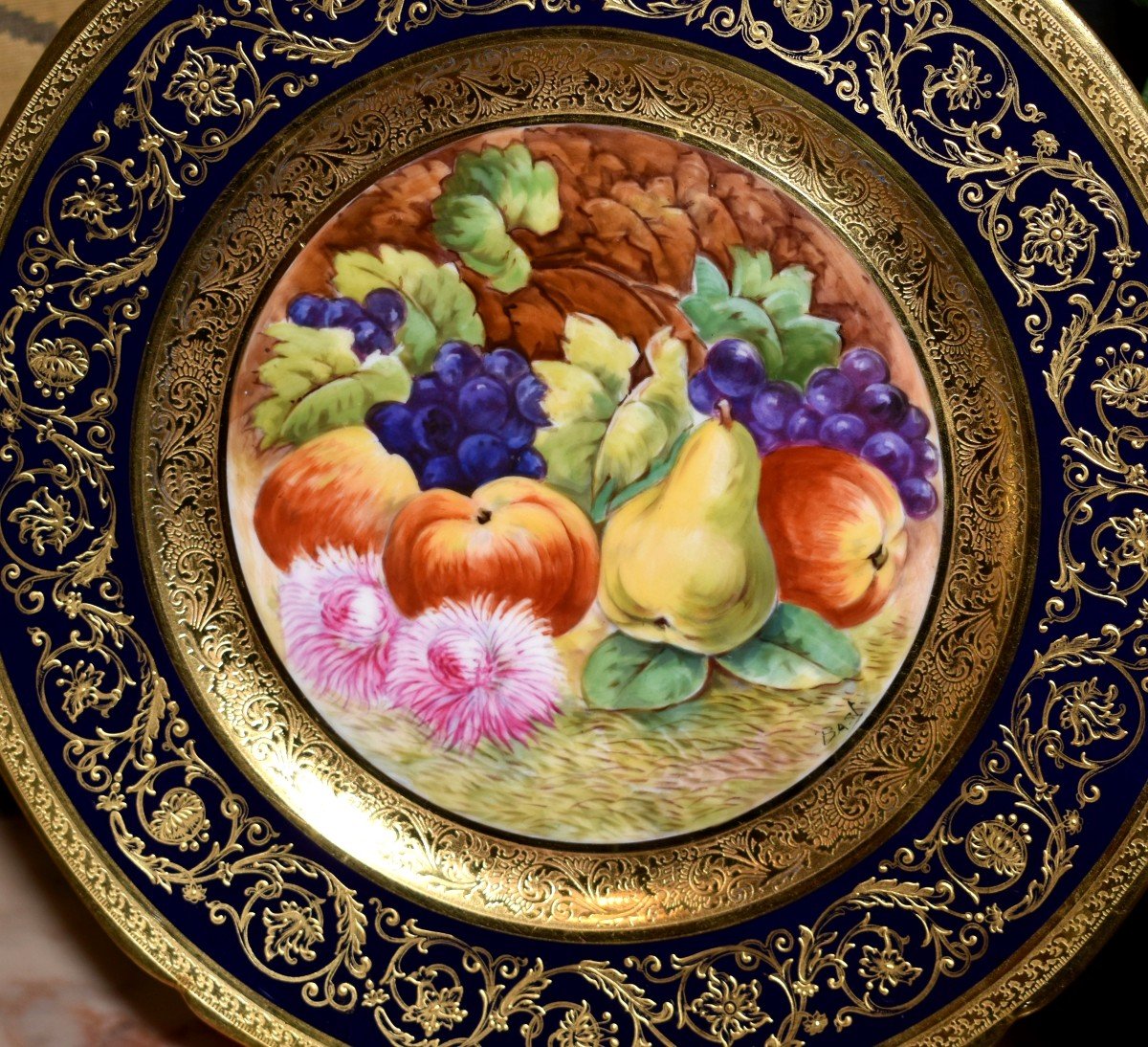 Decorative Dish, Limoges Porcelain, Oven Blue, Gold Inlay, Hand Painted Fruit Decor -photo-2