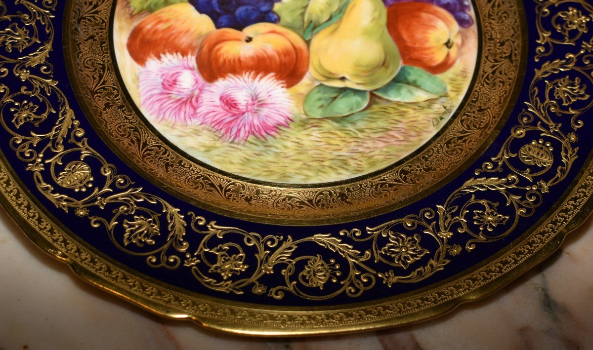 Decorative Dish, Limoges Porcelain, Oven Blue, Gold Inlay, Hand Painted Fruit Decor -photo-3