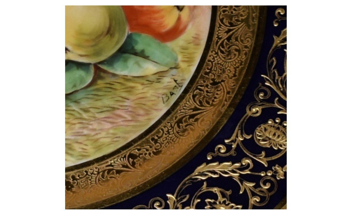 Decorative Dish, Limoges Porcelain, Oven Blue, Gold Inlay, Hand Painted Fruit Decor -photo-5