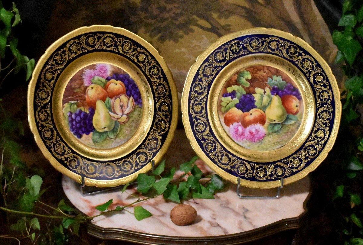 Decorative Dish, Limoges Porcelain, Oven Blue, Gold Inlay, Hand Painted Fruit Decor -photo-7