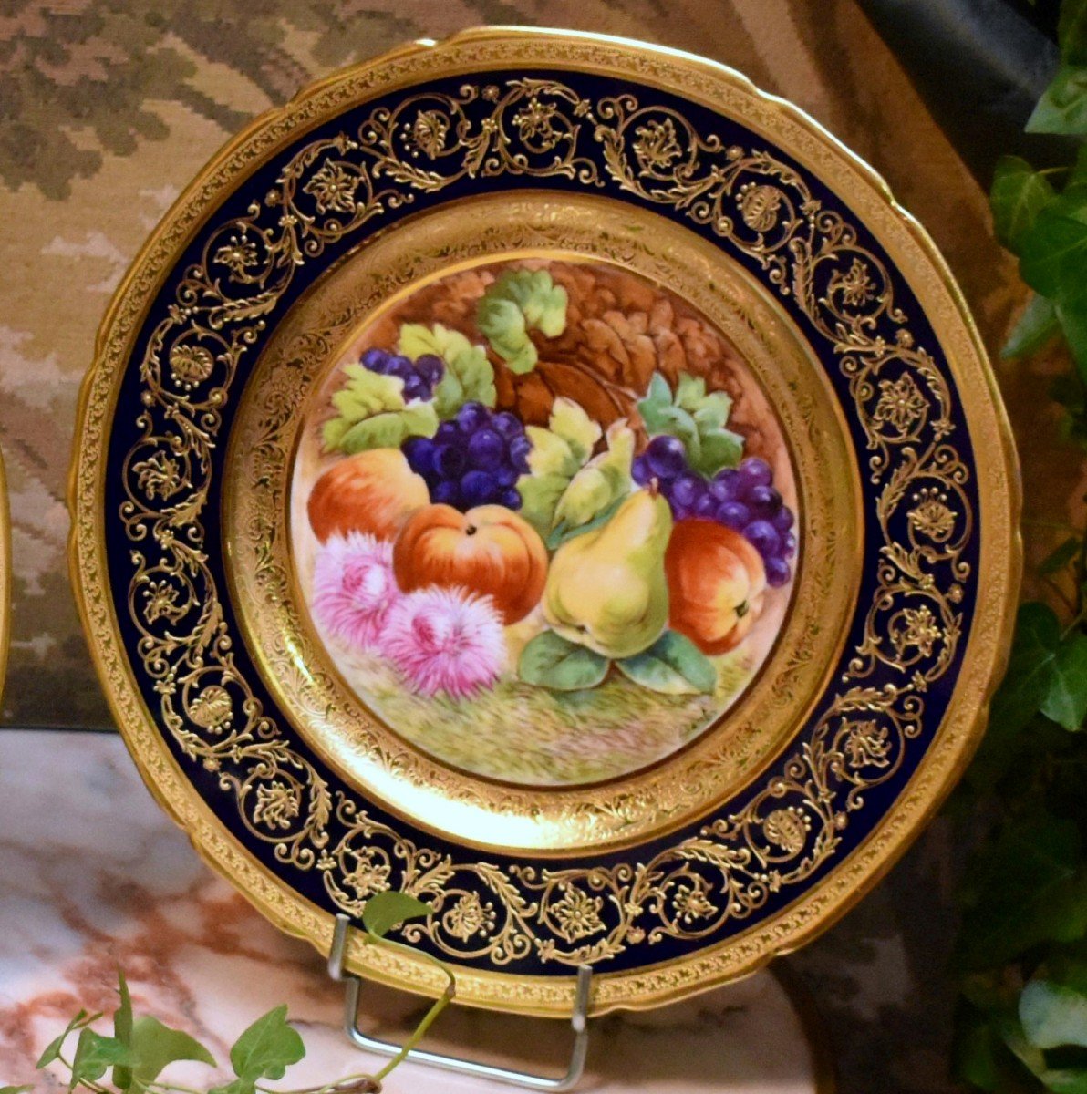 Decorative Dish, Limoges Porcelain, Oven Blue, Gold Inlay, Hand Painted Fruit Decor 