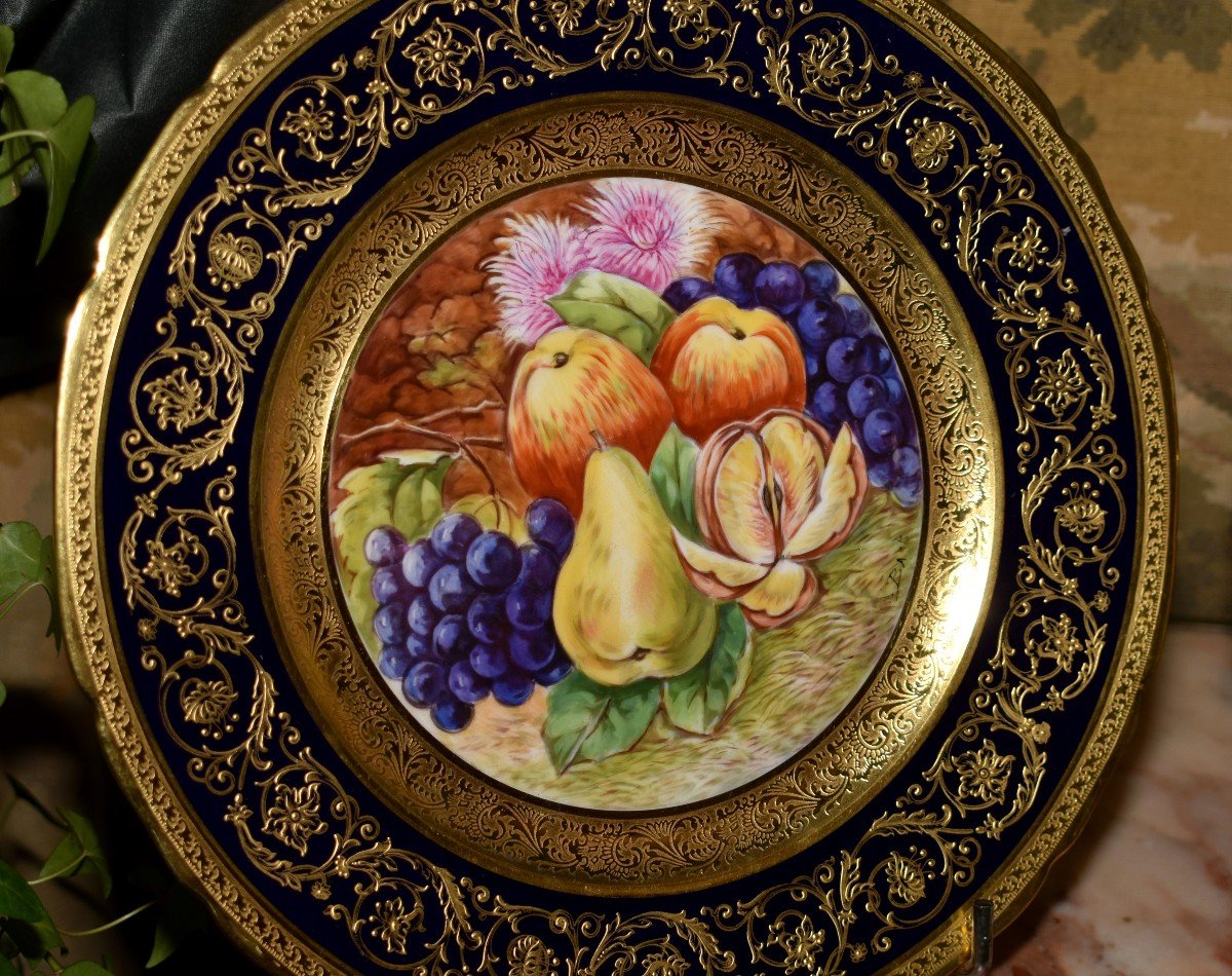 Decorative Dish, Limoges Porcelain, Oven Blue, Gold Inlay, Hand Painted Fruit Decor -photo-3