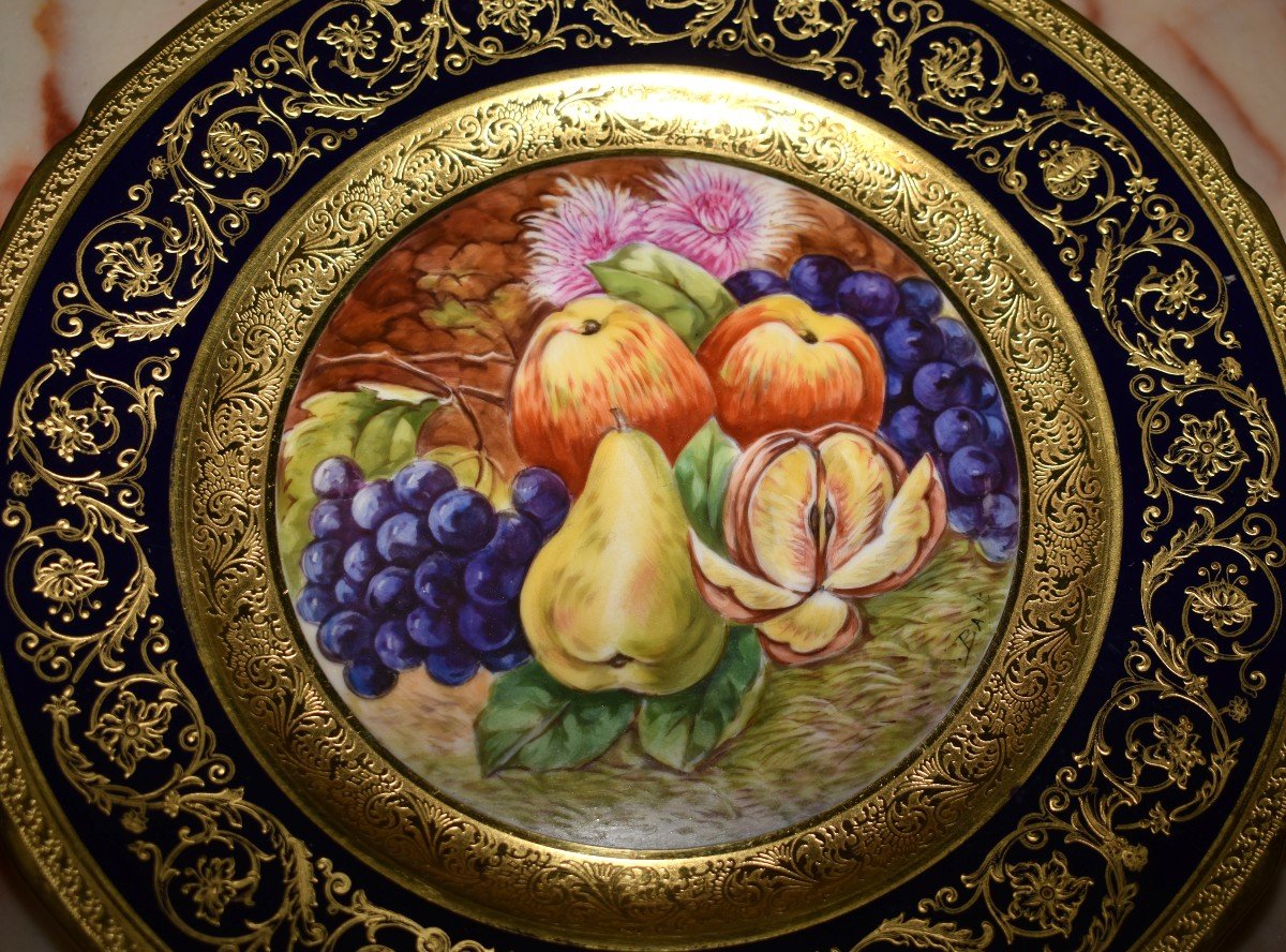 Decorative Dish, Limoges Porcelain, Oven Blue, Gold Inlay, Hand Painted Fruit Decor -photo-4