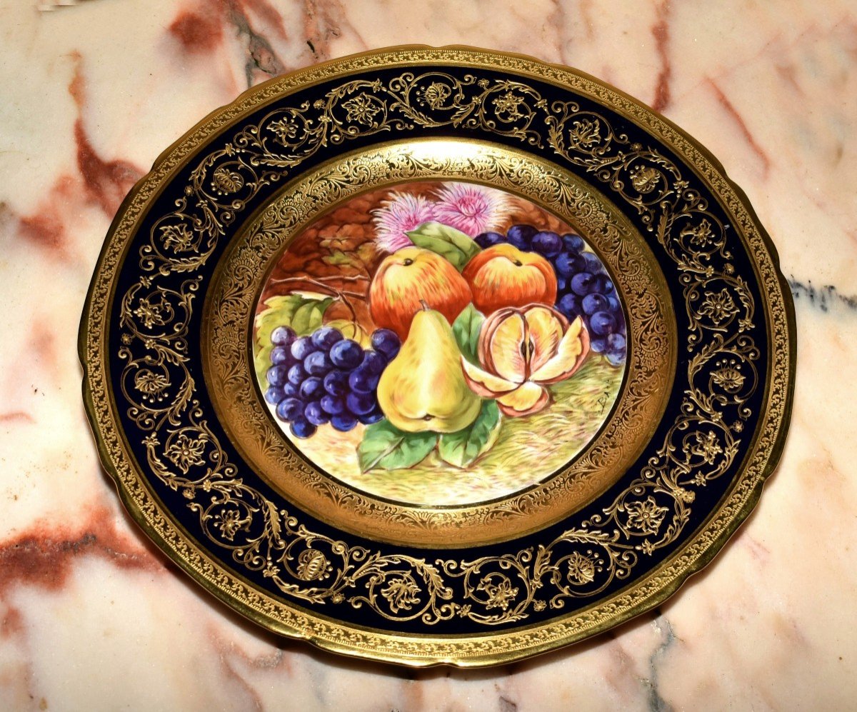 Decorative Dish, Limoges Porcelain, Oven Blue, Gold Inlay, Hand Painted Fruit Decor -photo-2