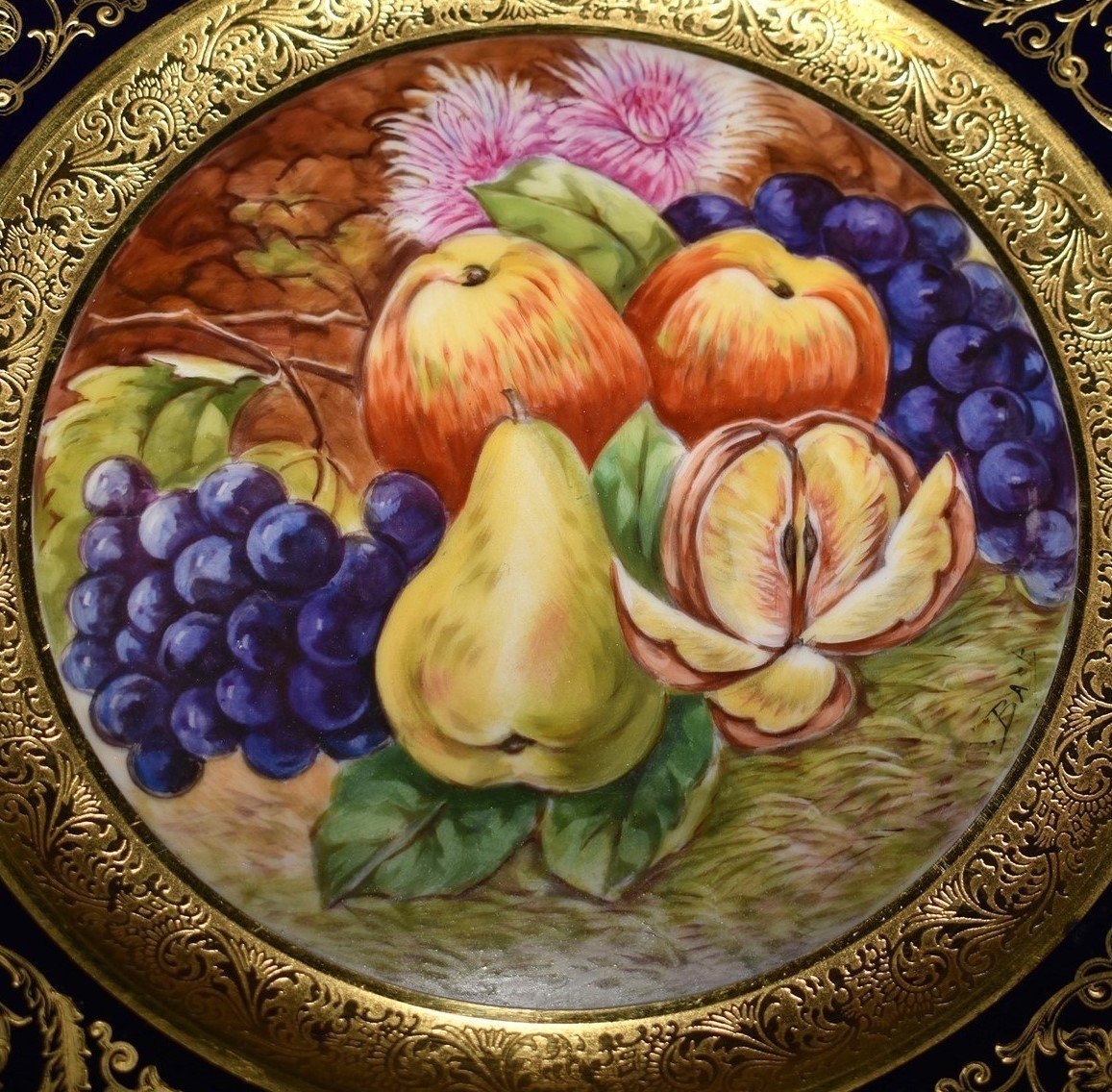 Decorative Dish, Limoges Porcelain, Oven Blue, Gold Inlay, Hand Painted Fruit Decor -photo-1