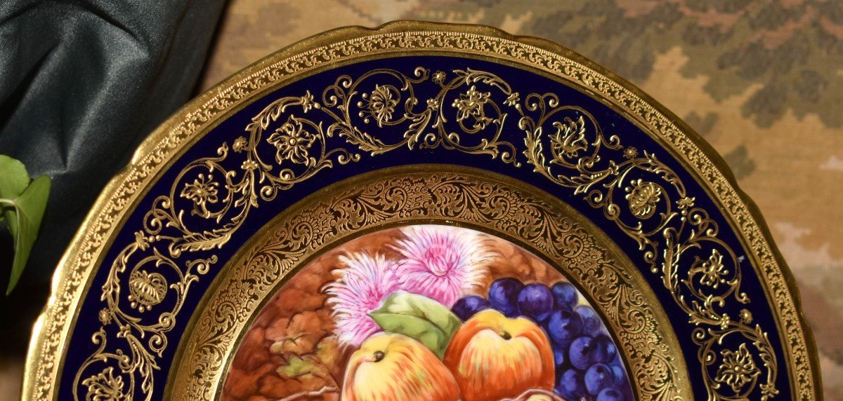 Decorative Dish, Limoges Porcelain, Oven Blue, Gold Inlay, Hand Painted Fruit Decor -photo-2