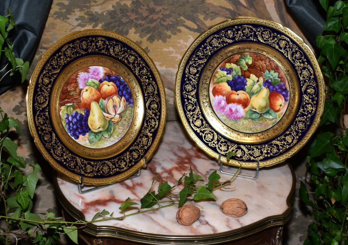 Decorative Dish, Limoges Porcelain, Oven Blue, Gold Inlay, Hand Painted Fruit Decor -photo-7