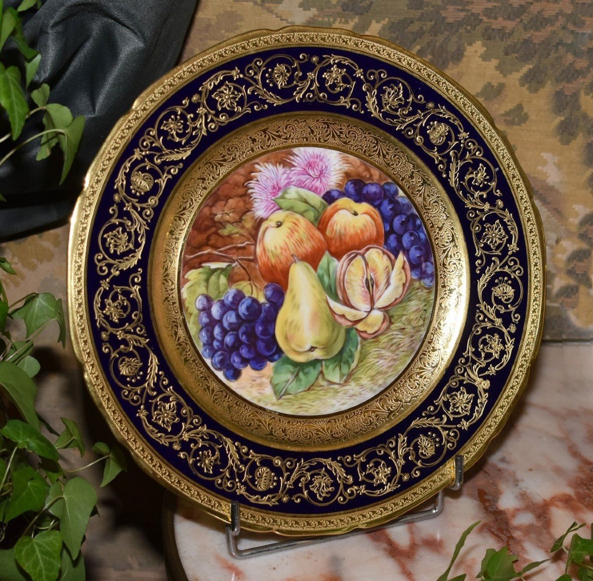 Decorative Dish, Limoges Porcelain, Oven Blue, Gold Inlay, Hand Painted Fruit Decor 