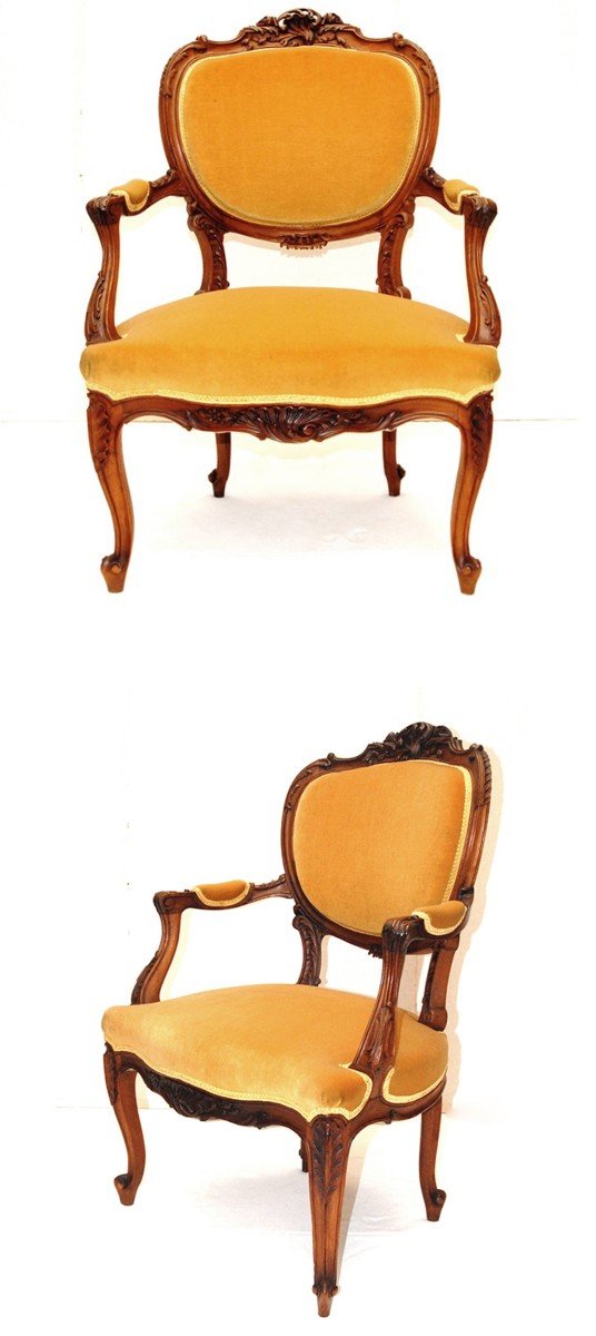 Fauteuil Cabriolet De Style Louis XV Rocaille En Noyer, Tissu Velours Vieil Or, fin XIXème -photo-1