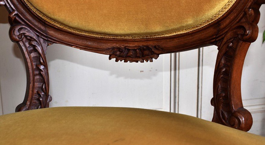 Louis XV Rocaille Style Armchair In Walnut, Old Gold Velvet Fabric, Late 19th Century-photo-6