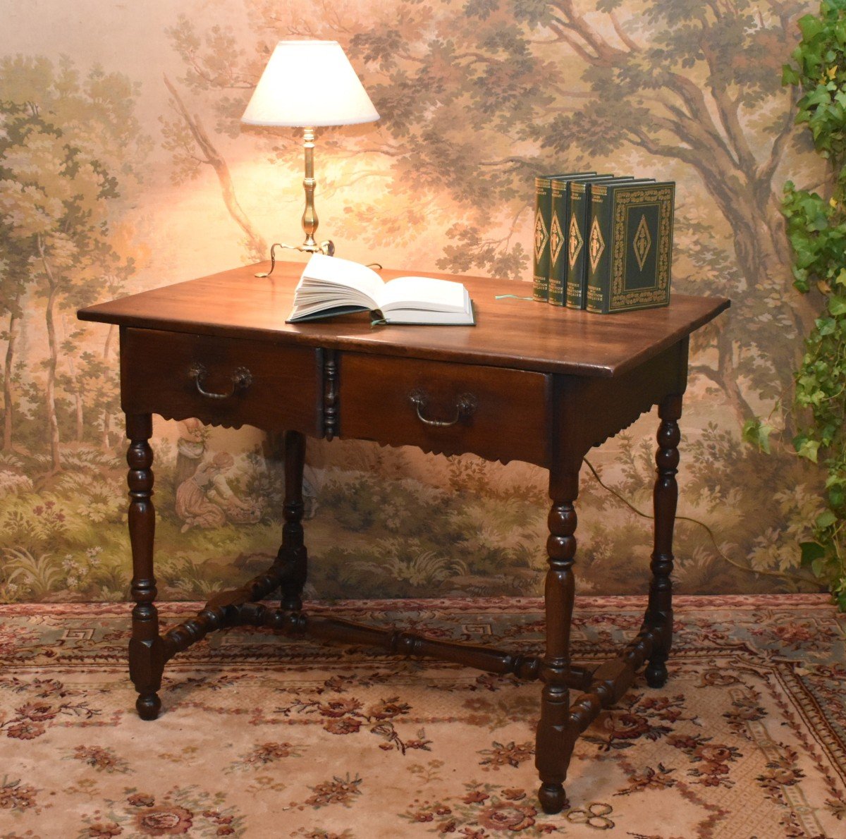 Louis XIII - Louis XIV Style Writing Table, Small Oak And Elm Desk With 2 Drawers, 19th Century-photo-2