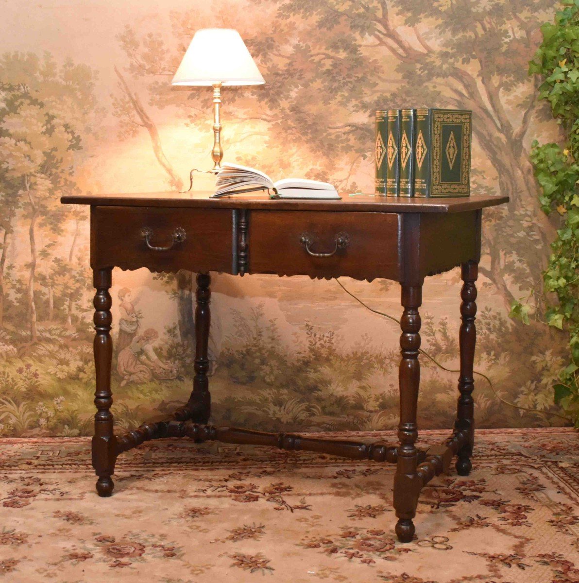 Louis XIII - Louis XIV Style Writing Table, Small Oak And Elm Desk With 2 Drawers, 19th Century-photo-3