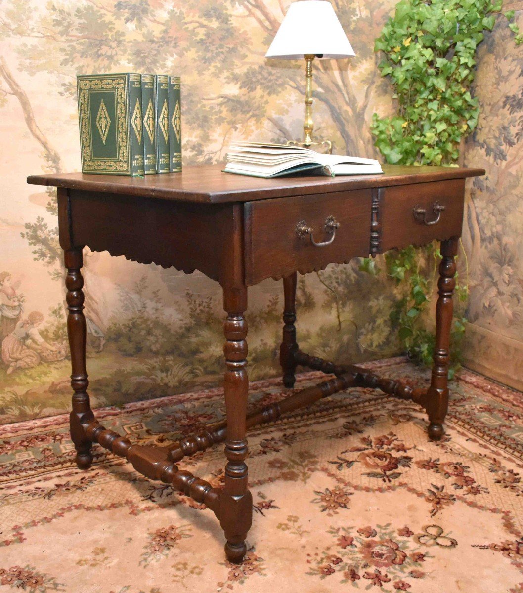 Louis XIII - Louis XIV Style Writing Table, Small Oak And Elm Desk With 2 Drawers, 19th Century-photo-1