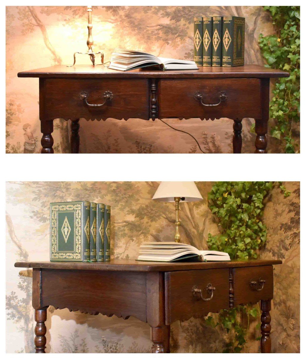 Louis XIII - Louis XIV Style Writing Table, Small Oak And Elm Desk With 2 Drawers, 19th Century-photo-2