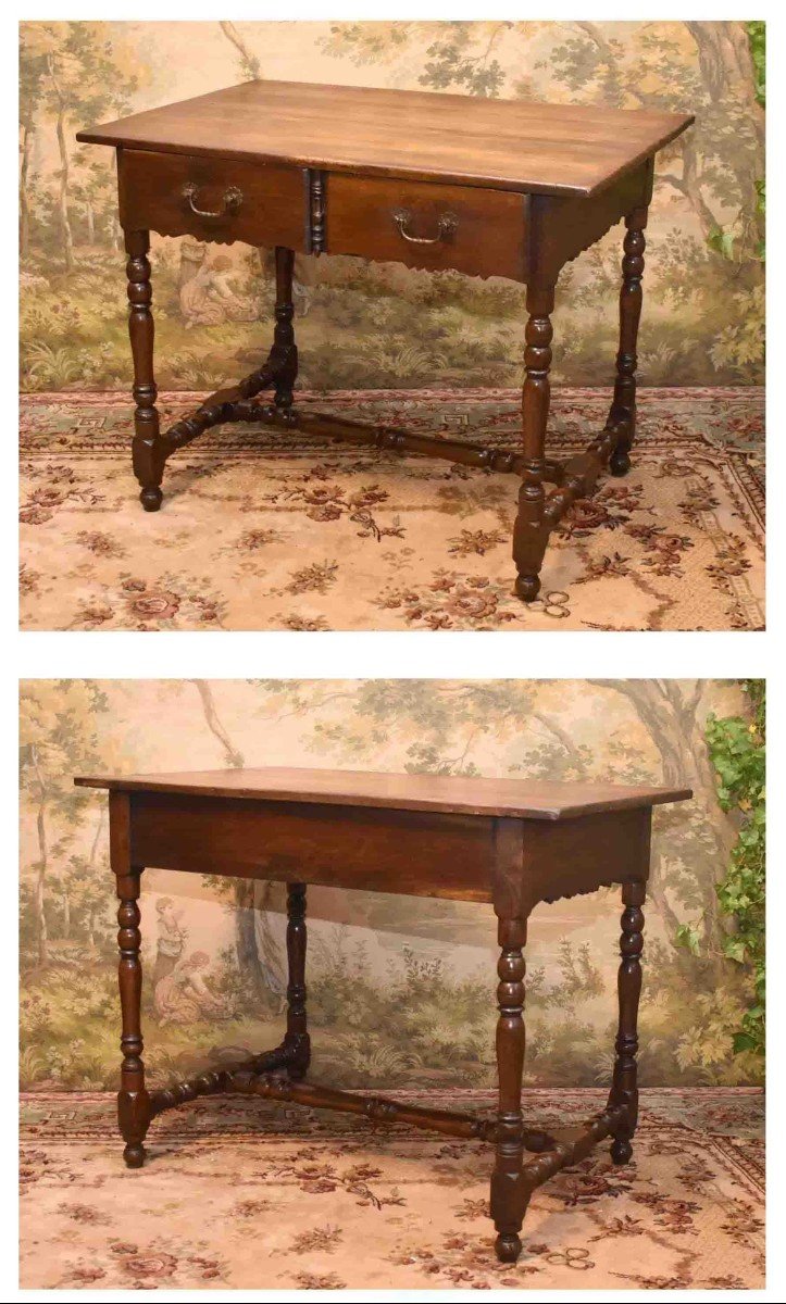 Louis XIII - Louis XIV Style Writing Table, Small Oak And Elm Desk With 2 Drawers, 19th Century-photo-3