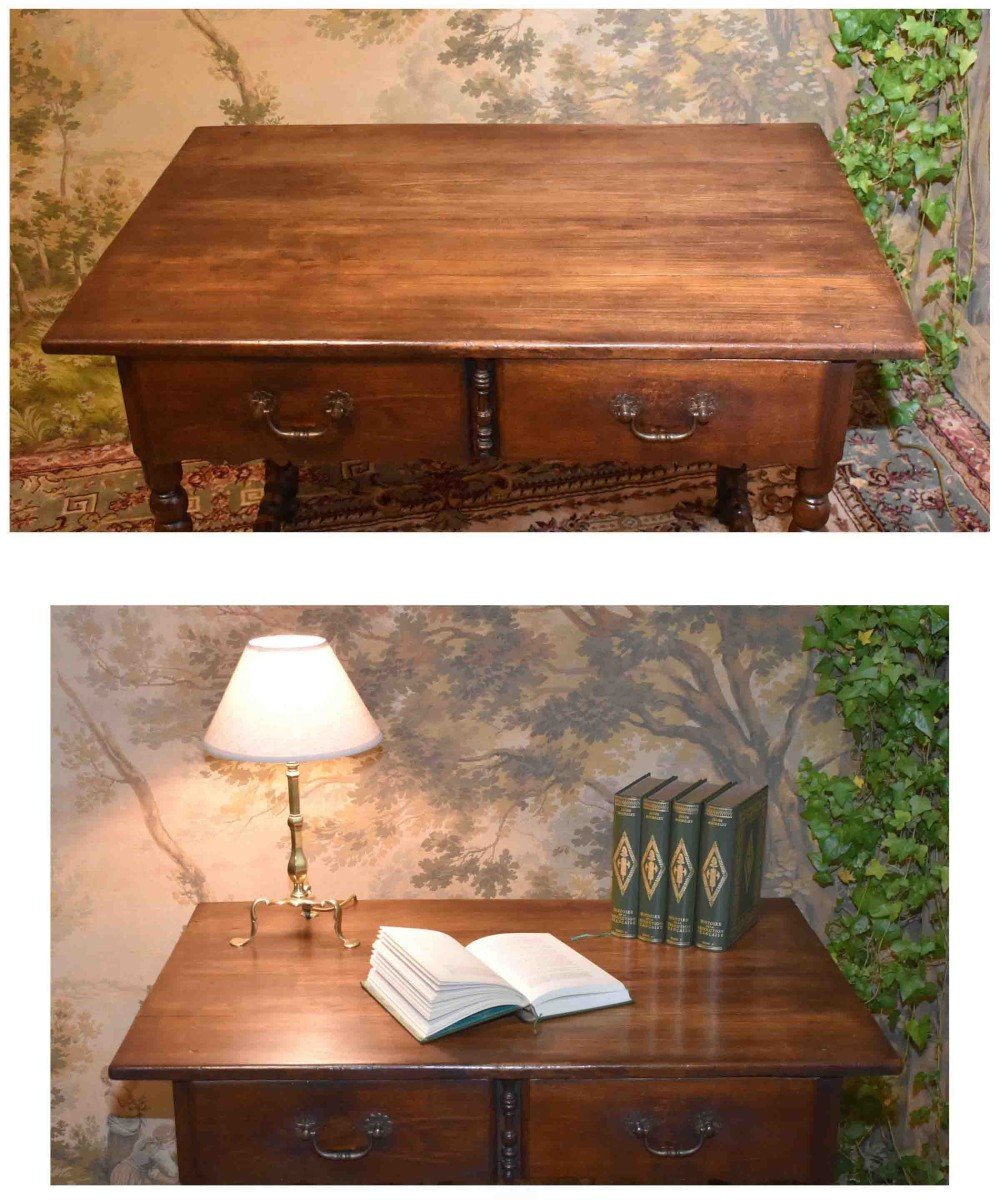 Louis XIII - Louis XIV Style Writing Table, Small Oak And Elm Desk With 2 Drawers, 19th Century-photo-4