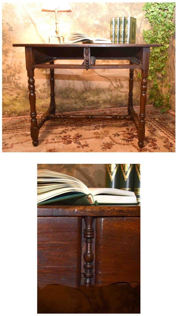 Louis XIII - Louis XIV Style Writing Table, Small Oak And Elm Desk With 2 Drawers, 19th Century-photo-5