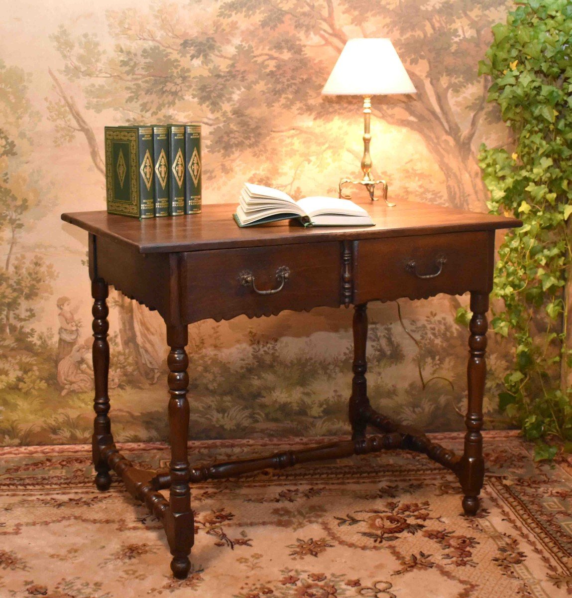 Louis XIII - Louis XIV Style Writing Table, Small Oak And Elm Desk With 2 Drawers, 19th Century