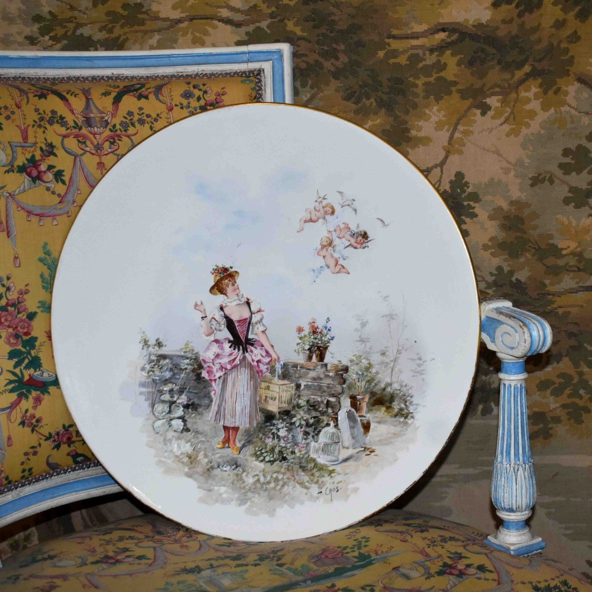 H. Cros Important Hand Painted Decorative Dish, Fine Earthenware, Late 19th Century, Woman And Angels Decor-photo-2