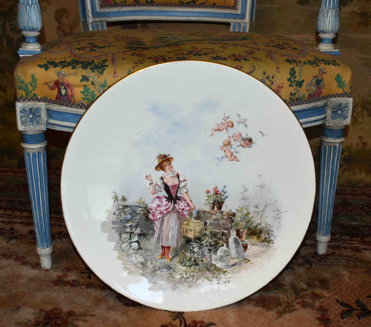 H. Cros Important Hand Painted Decorative Dish, Fine Earthenware, Late 19th Century, Woman And Angels Decor