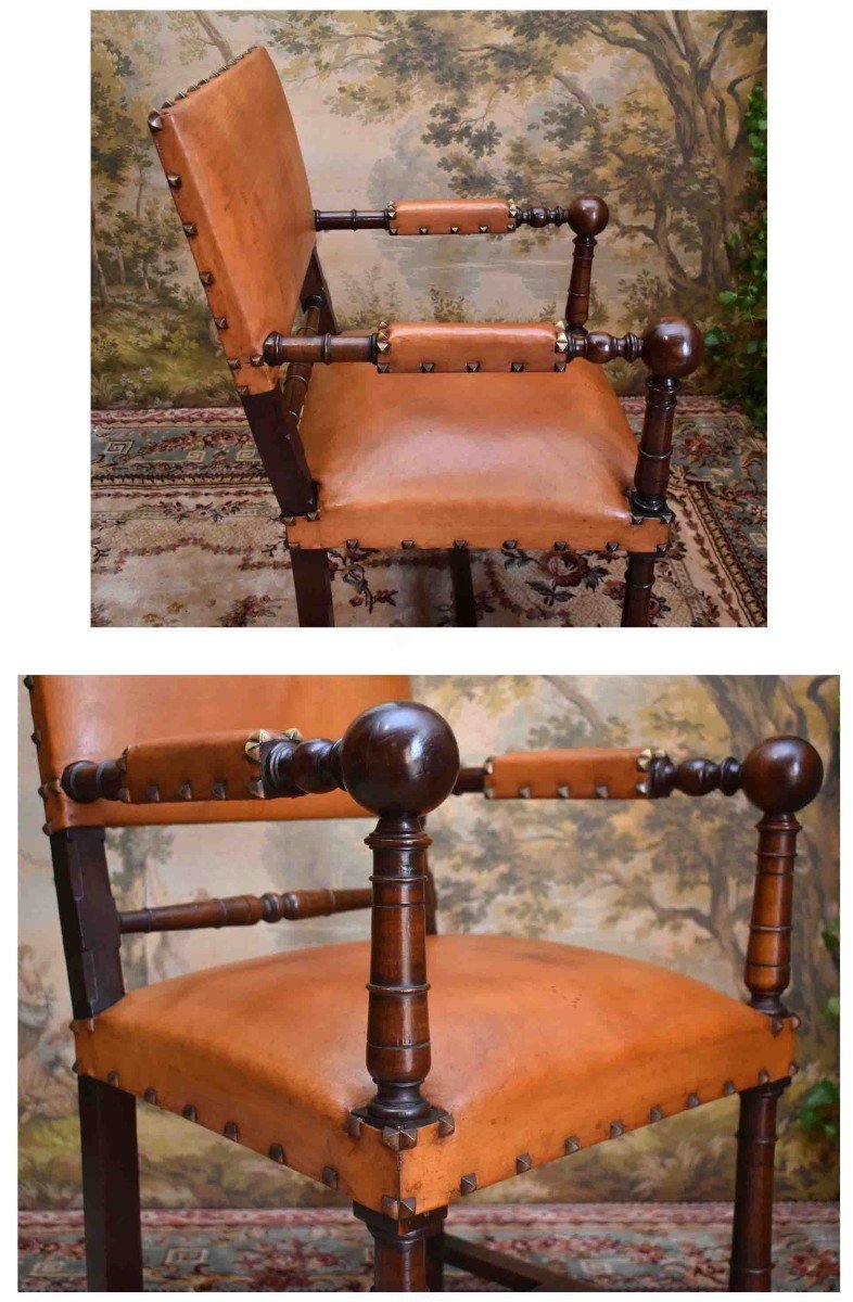 Fauteuil De Style Louis XIII, Chaise à Bras XIXe,  Noyer, Cuir Pour Utilisation Siège De Bureau-photo-1