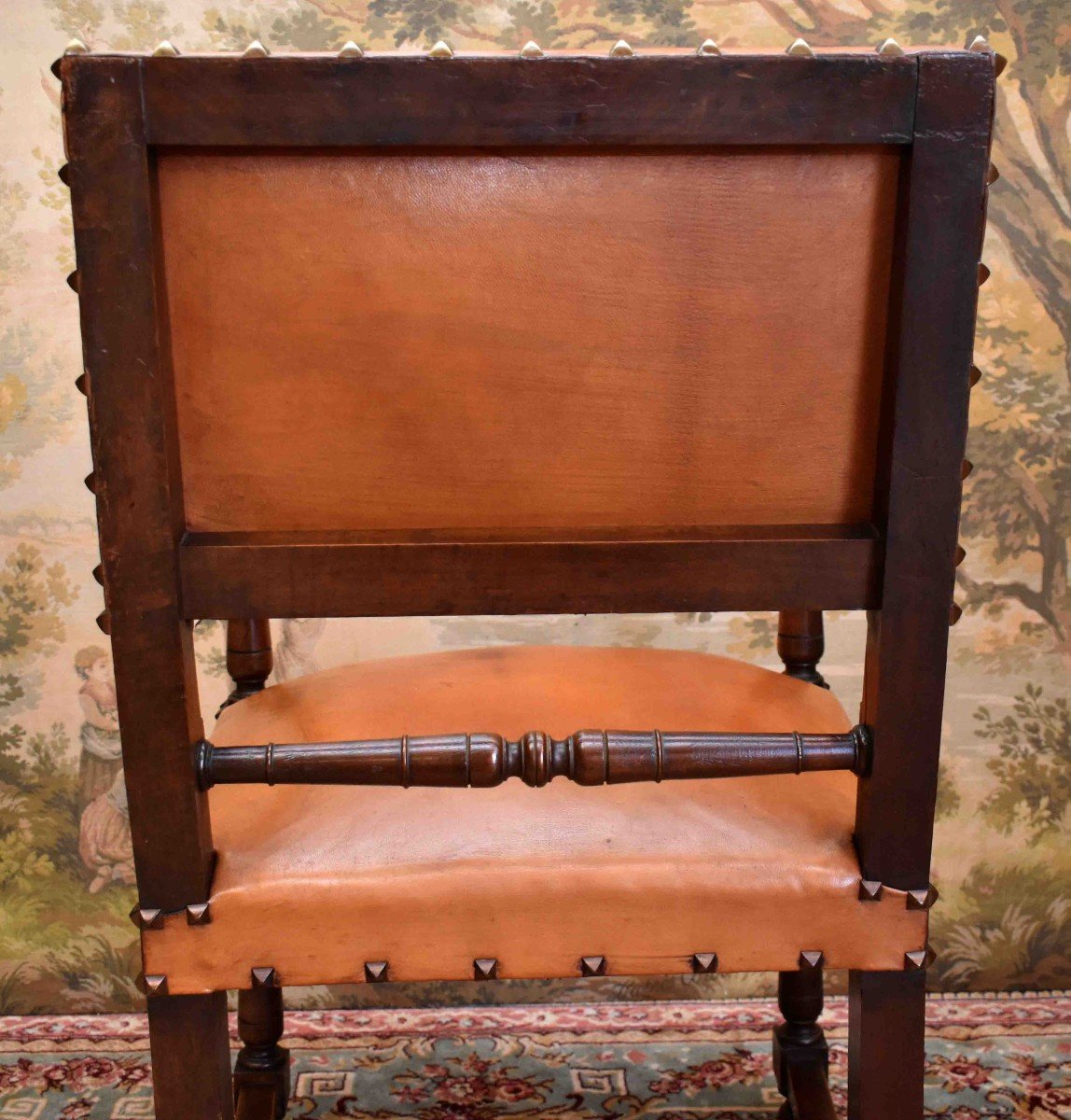 Fauteuil De Style Louis XIII, Chaise à Bras XIXe,  Noyer, Cuir Pour Utilisation Siège De Bureau-photo-6