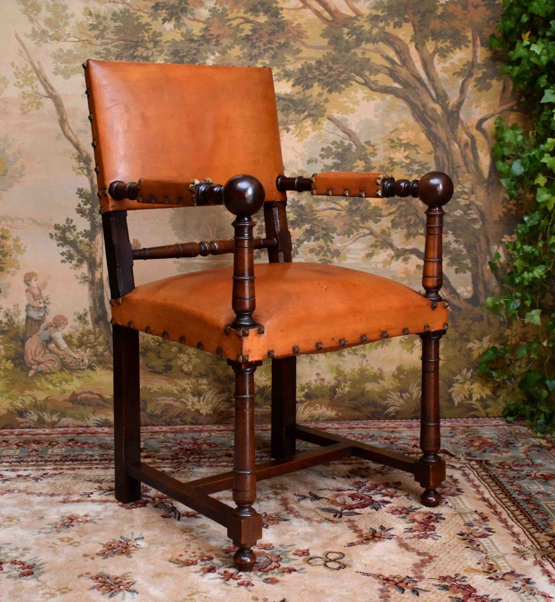 Fauteuil De Style Louis XIII, Chaise à Bras XIXe,  Noyer, Cuir Pour Utilisation Siège De Bureau