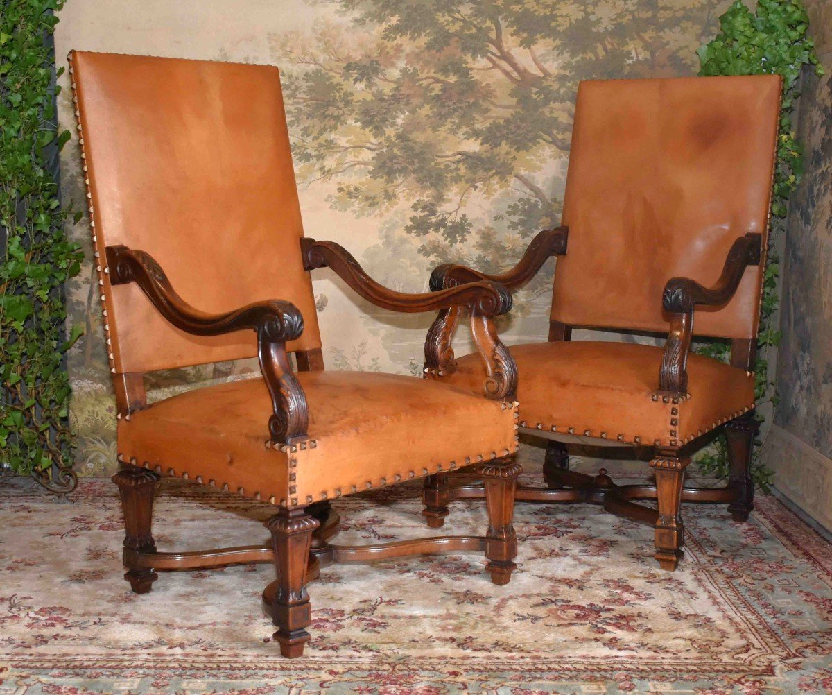 Pair Of Louis XIV Style Armchairs With Large Backs, Sheathed Legs, Leather Upholstery, 19th Century-photo-2