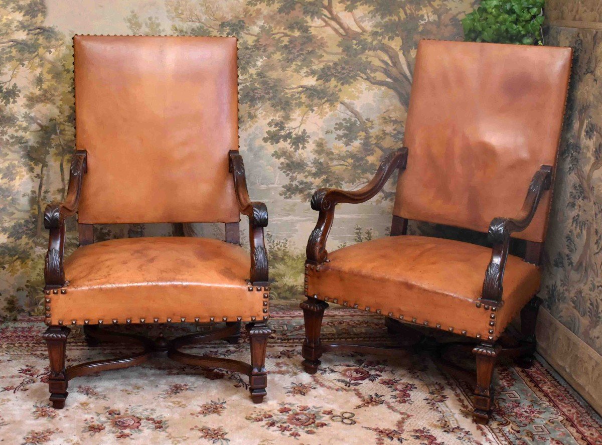 Pair Of Louis XIV Style Armchairs With Large Backs, Sheathed Legs, Leather Upholstery, 19th Century-photo-3