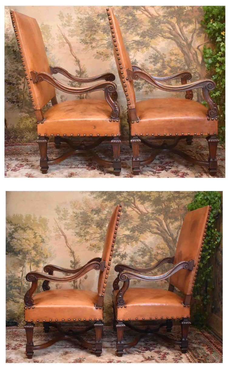 Pair Of Louis XIV Style Armchairs With Large Backs, Sheathed Legs, Leather Upholstery, 19th Century-photo-4