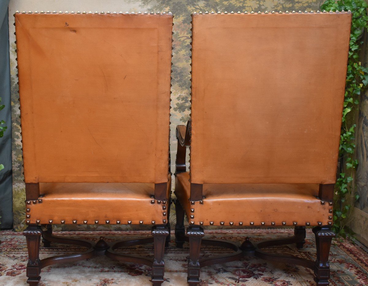 Pair Of Louis XIV Style Armchairs With Large Backs, Sheathed Legs, Leather Upholstery, 19th Century-photo-1