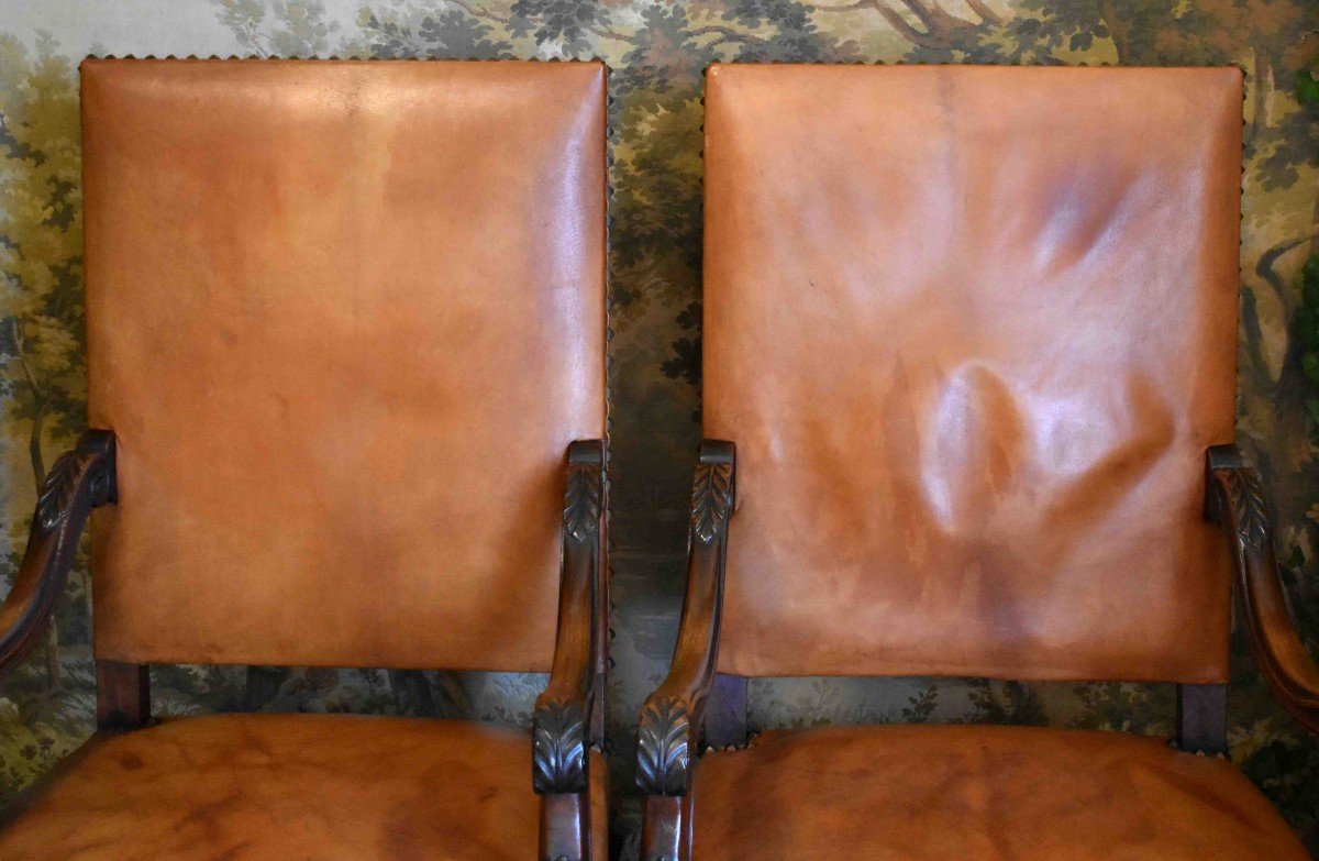 Pair Of Louis XIV Style Armchairs With Large Backs, Sheathed Legs, Leather Upholstery, 19th Century-photo-2