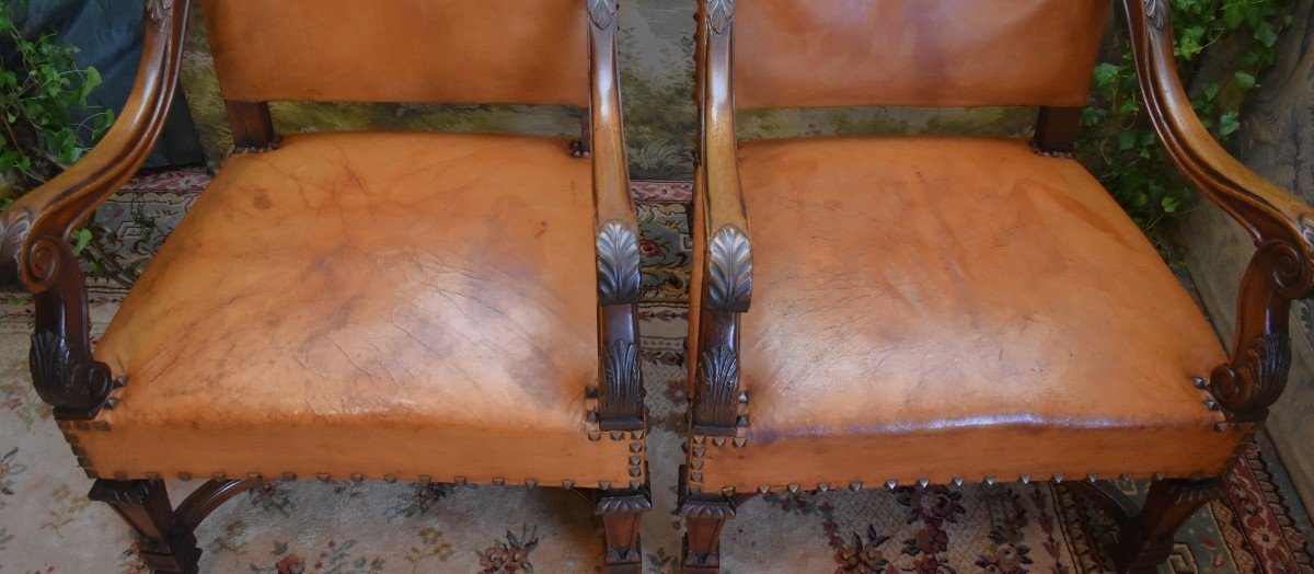 Pair Of Louis XIV Style Armchairs With Large Backs, Sheathed Legs, Leather Upholstery, 19th Century-photo-3