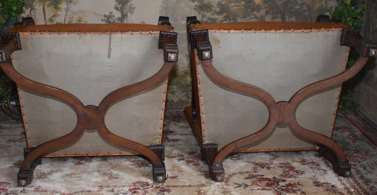 Pair Of Louis XIV Style Armchairs With Large Backs, Sheathed Legs, Leather Upholstery, 19th Century-photo-8